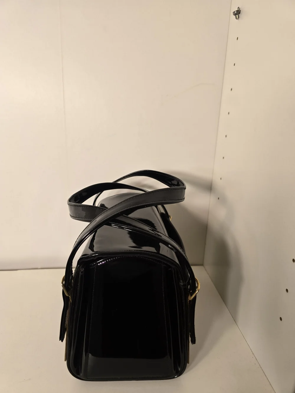 Vintage Black Patent Structured Box Handbag with Dual Handles